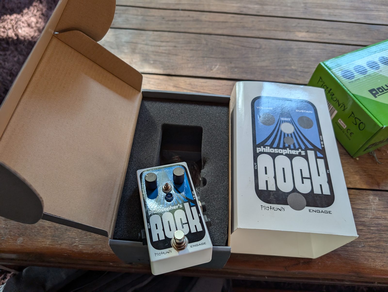 Pigtronix Philosopher's Rock, an optical compressor and sustainer, unboxed on the author's table