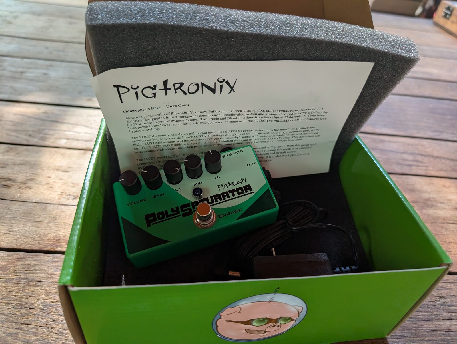 Pigtronix Polysaturator distortion pedal in its box